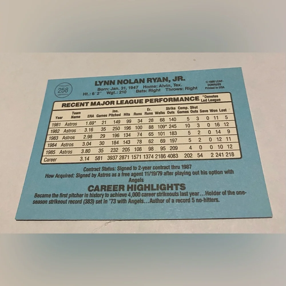 Nolan Ryan 1986 Donruss Baseball Card # 258 Houston Astros Vintage Collectible